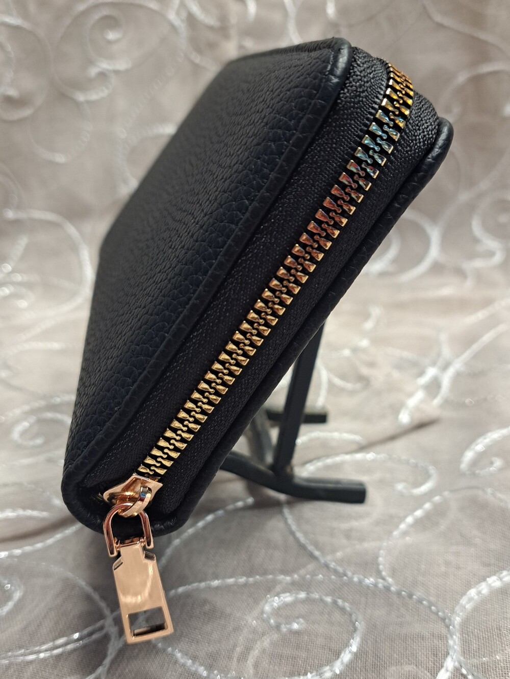 Black Pebbled Soft Vegan Leather Zip Around/Over Wallet - Picture 3 of 8